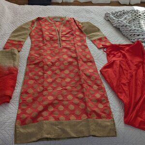 Beautiful Orange & Gold Indian Salwar Kameez Set (3-Piece)